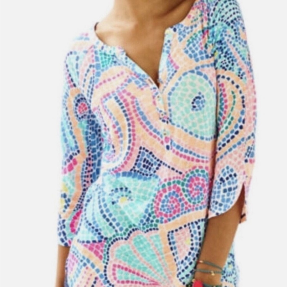 Lilly Pulitzer Womens Egret Tile Wave 100% Linen Henley Tunic Top - Picture 2 of 8
